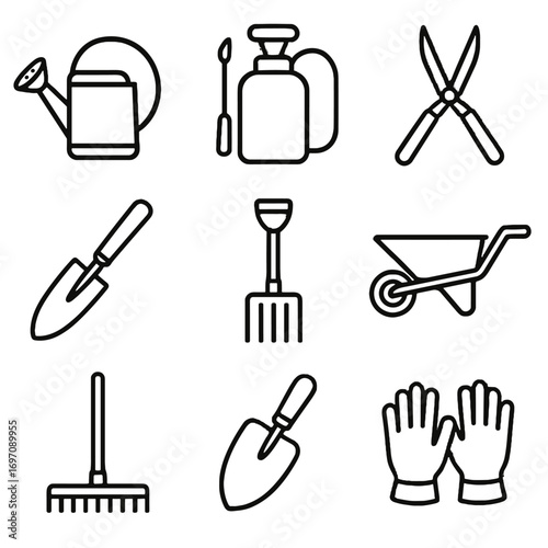 Hedge compost tools garden trowel gloves plant icon outdoor vector scoop rake