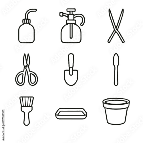 Bottle mister icons care vector transplant small leaves pot watering succulent spray