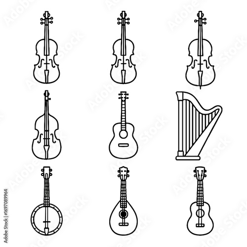 Vector violin mandolin double cello instruments bass ukulele string icons icon acoustic