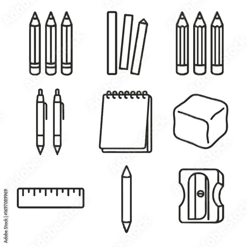 Art sketchpad icon supplies icons graphite pens colored fine eraser pencils vector