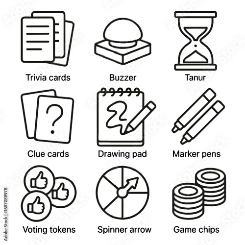 Icons buzzer tokens pad icon cards pens game party arrow vector trivia