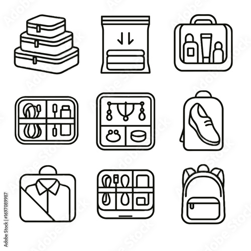 Travel shoe icons folding icon toiletry compact bag pouch vector organizer kit