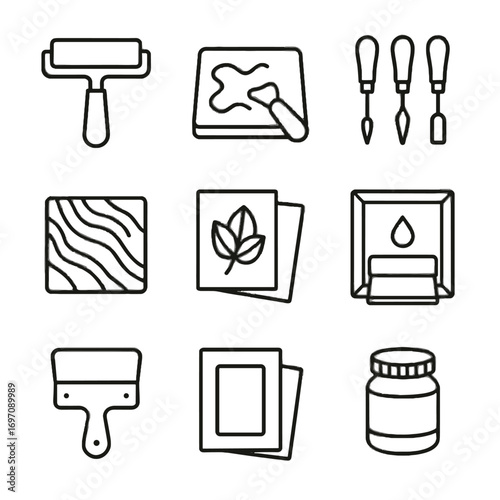 Block screen stencil brayer icon vector paper printmaking slab ink icons grid