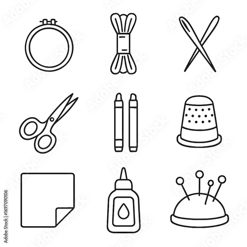 Icons textile cushion markers art embroidery floss scissors paper vector icon sewing