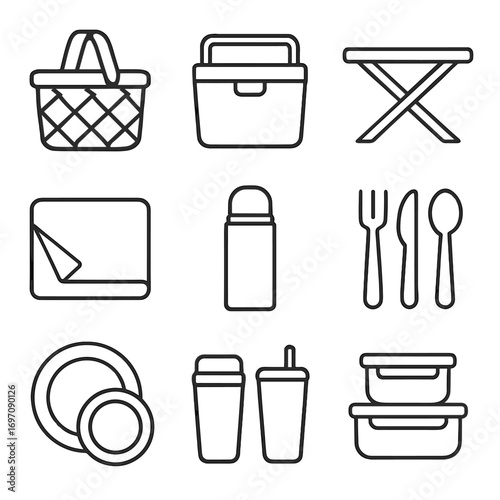 Vector containers picnic basket box set cutlery folding icon drink tumblers