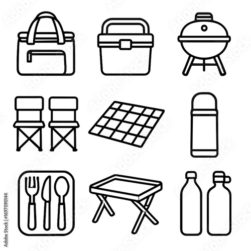 Vector compact set cooler thermos equipment picnic bag mini icons travel tote
