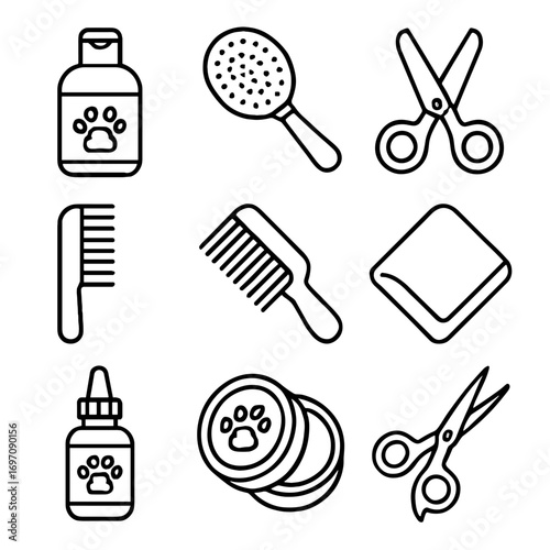 Tin vector care pet solution brush grooming comb clippers scissors essentials icon