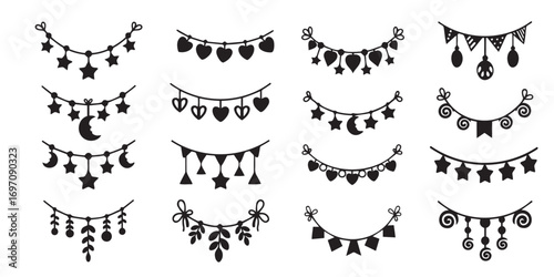 Vector illustration set of holiday garlands in black and white silhouette