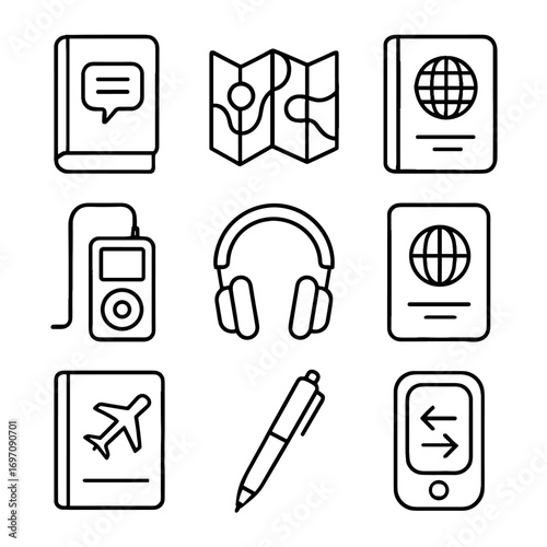 Audio pen language icon translation phrasebook vector headphones travel portable journal kit