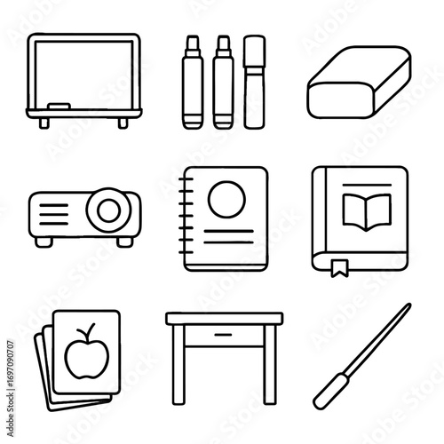 Projector student pointer erase classroom workbook vector icon eraser guide set