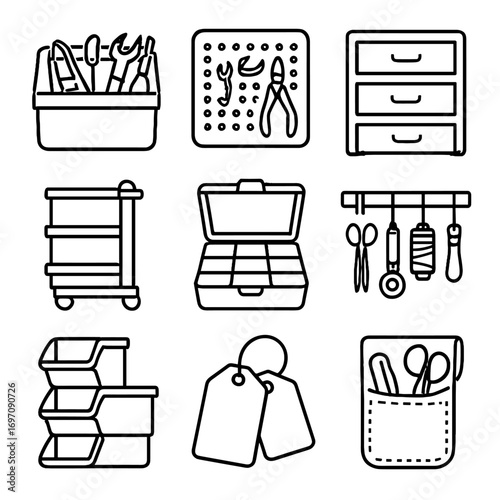 Icons crafting box compartment hooks tags tools caddy tool vector rolling pegboard