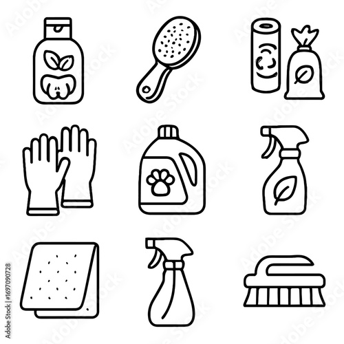 Brush bags gloves shampoo compostable odor cleaning icon eco pet reusable vector