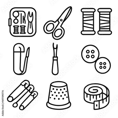 Tape vector scissors pins seam kit mini sewing small buttons travel icon