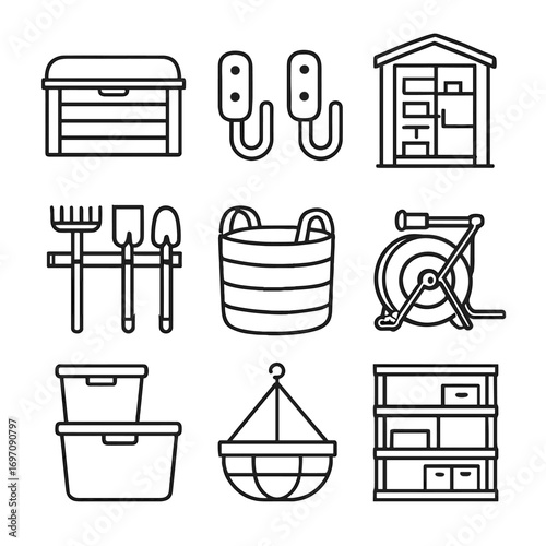 Icon hanging shed modular tool bins storage vector outdoor hose rack