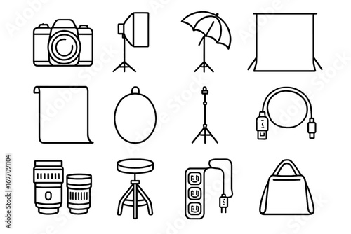 Set vector studio light cord stool umbrella photography softbox stand backdrop icon
