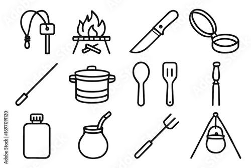 Icon spatula cooking survival wooden cup firestarter icons water foldable pot vector