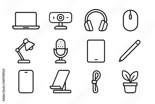 Minimal plant portable stand set icon slim pen microphone phone light vector