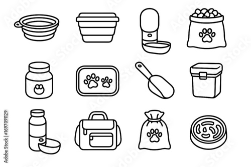 Set compact scoop pouch mat travel bowl collapsible vector icon foldable pet