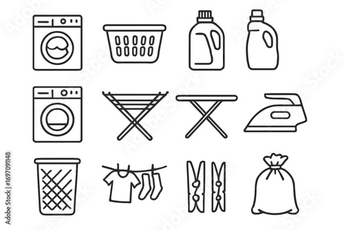 Set hamper dryer rack icon clothes vector bottle basket detergent laundry