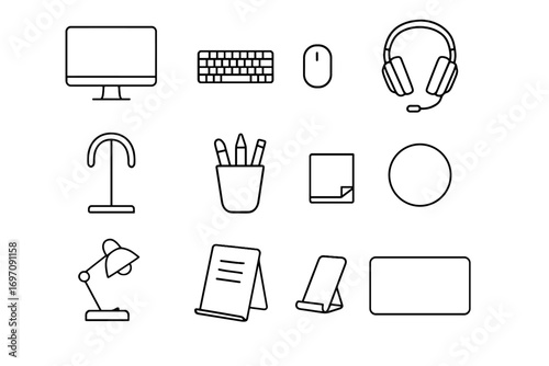 Minimalist desk icon lamp vector notes mat phone stand slim icons cup