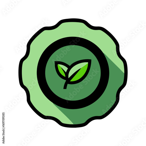 Green badge with leaf symbol representing eco-friendly concepts  