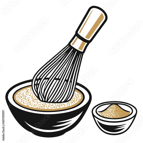 Traditional matcha whisk and bowl with powdered tea leaves  