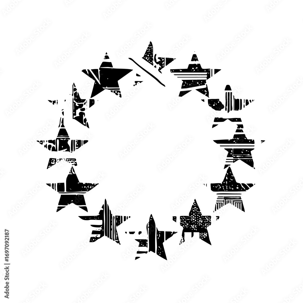 Fototapeta premium Vector Circular arrangement of distressed stars creates a celestial emblem.