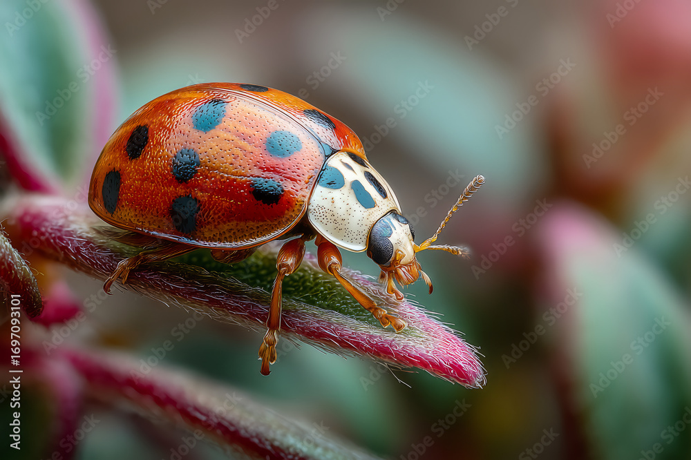 Fototapeta premium Macro Ladybug on Green Leaf – Detailed Insect Close-Up in Nature