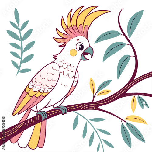 Cute cartoon cockatoo parrot sitting on a branch