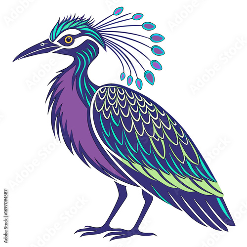 Stylized purple and blue bird with elaborate crest