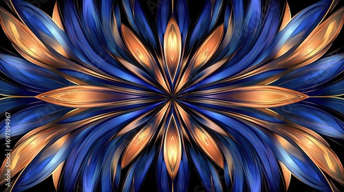 Symmetrical Abstract Pattern with Blue and Gold Petal - like Shapes on Black Background 