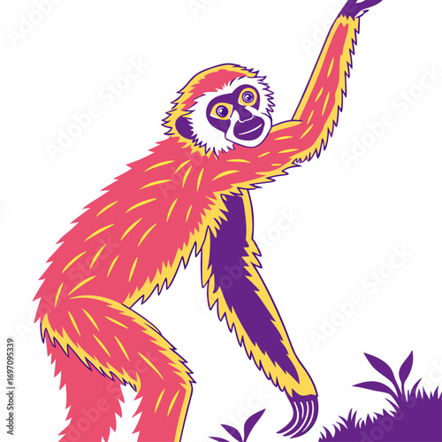 Pink and purple gibbon monkey standing