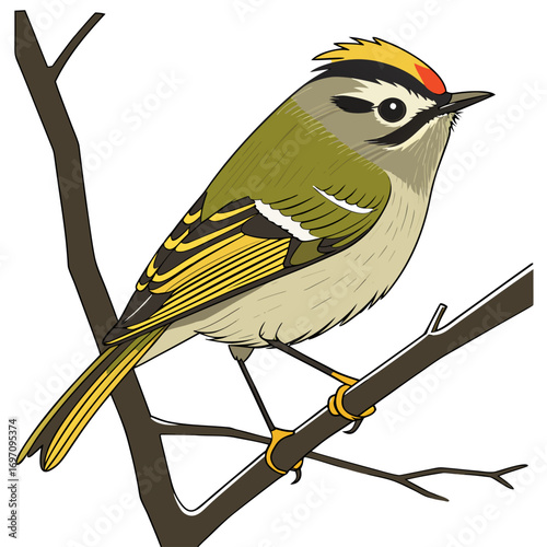 Rubycrowned kinglet bird perched on a branch