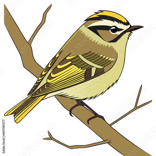 Goldencrowned kinglet bird perched on a branch