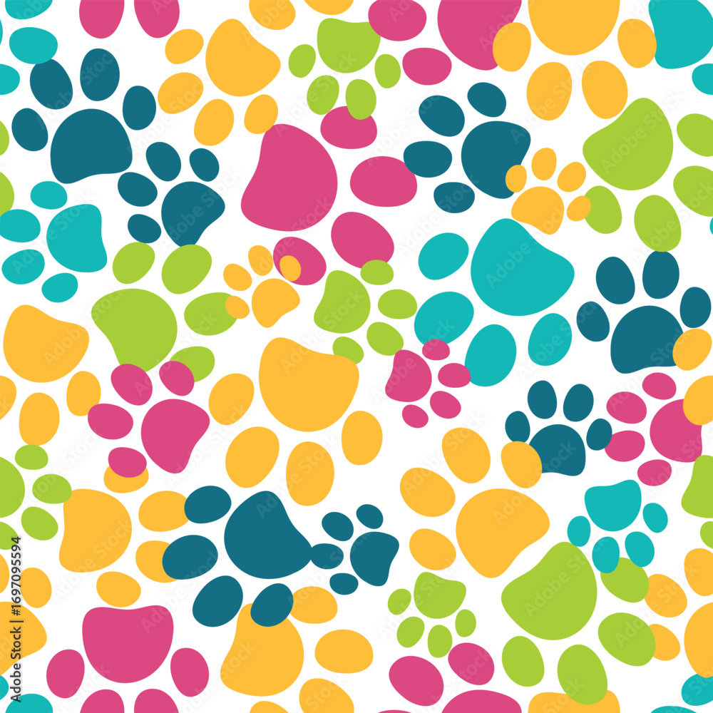 Fototapeta premium Seamless pet paw pattern. Cat or dog footprint background. Colorful vector illustration. It can be used for wallpapers, wrapping, cards, patterns for clothes and other.