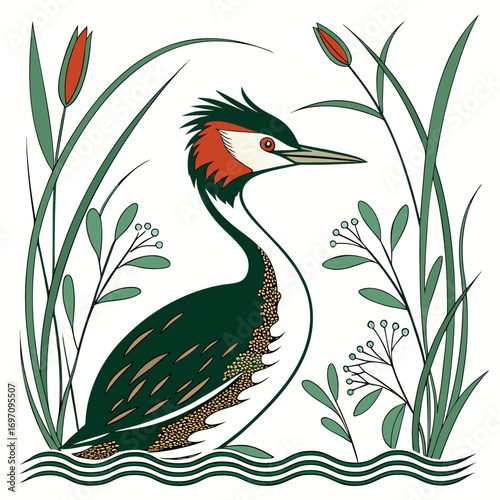 Great crested grebe bird in reeds