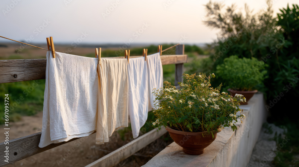 Fototapeta premium Lniane tkaniny na sznurku – wiejski ogród, rustykalna sceneria, zioła