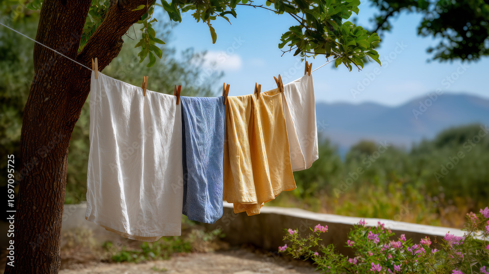 Obraz premium Wiejskie pranie na sznurku w ogrodzie – prowansja, natura, świeżość
