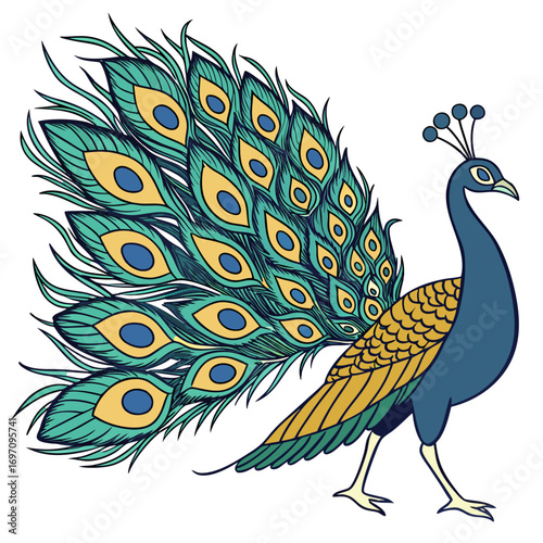 Peacock with colorful tail feathers