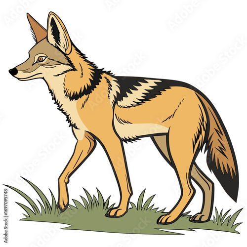 A jackal standing in grass, looking to the side