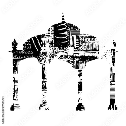 Vector Intricate elephant composed of architectural elements.