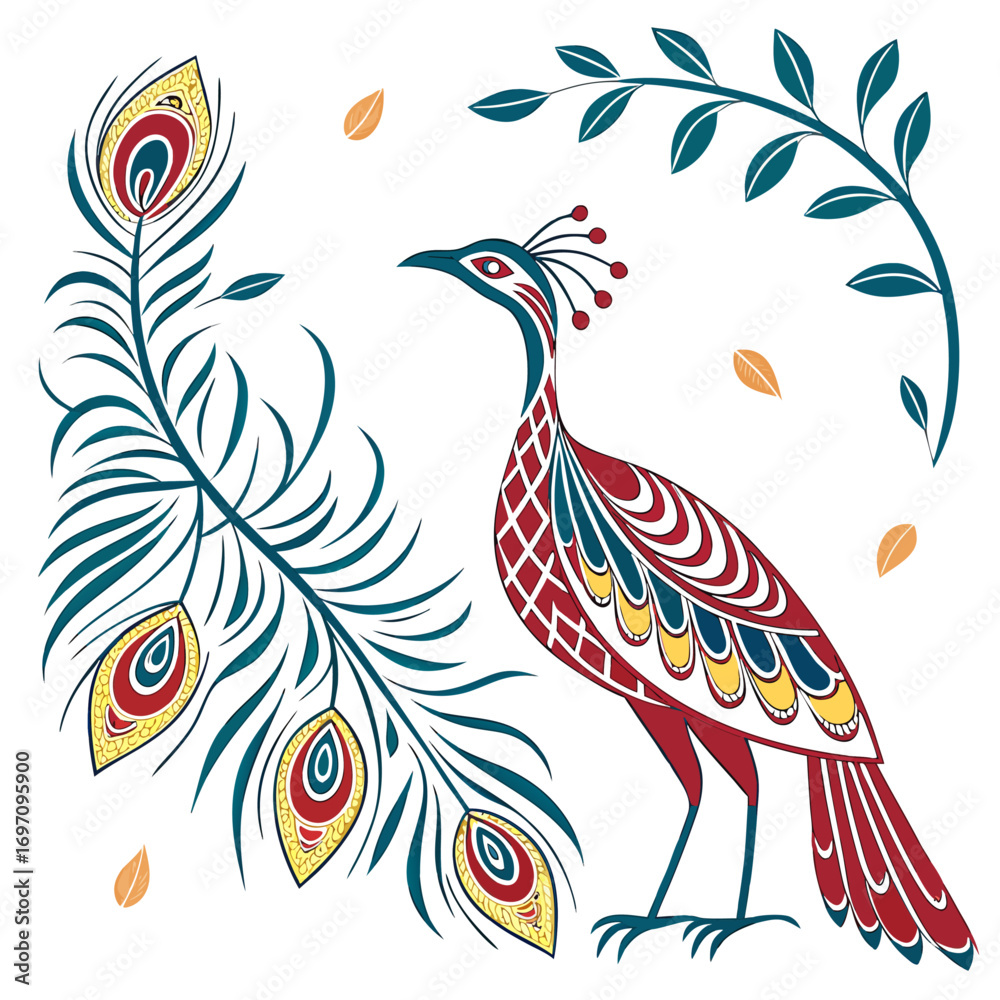 Naklejka premium Stylized peacock with feathers and leaves