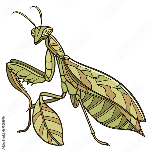 Illustration of a green praying mantis on a leaf