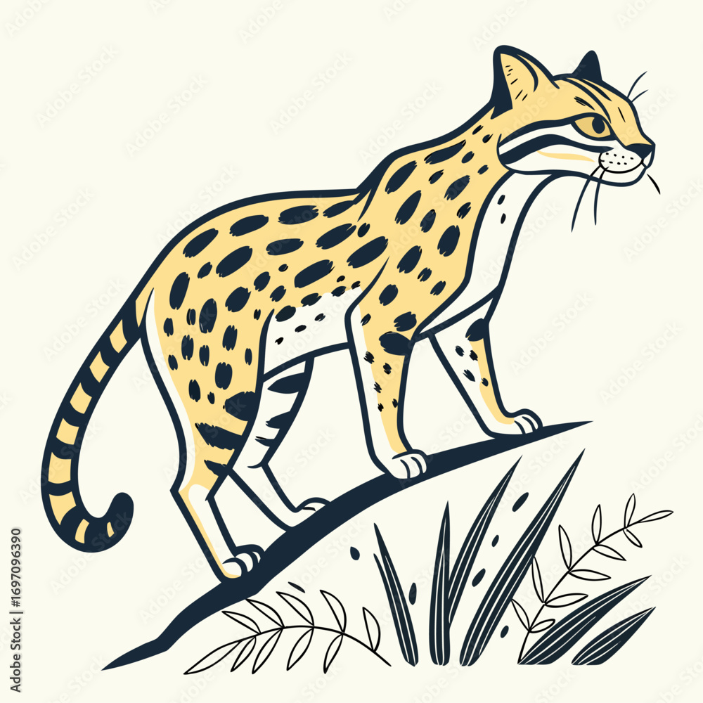 Naklejka premium Wild cat illustration on a rock with grass