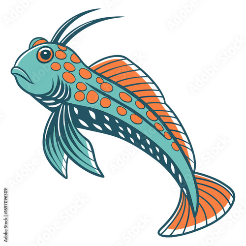 Cartoon illustration of a blue and orange spotted fish
