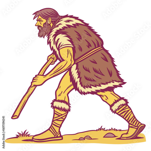 Illustration of a prehistoric man holding a tool