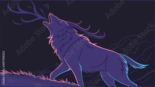 Illustration of a wolf howling in the night. Vector illustration