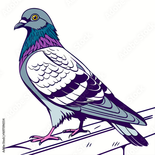 A stylized illustration of a pigeon standing on a ledge