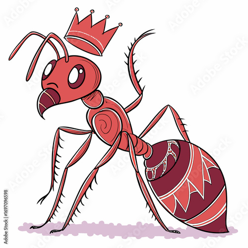 Cartoon illustration of a red ant queen with a crown