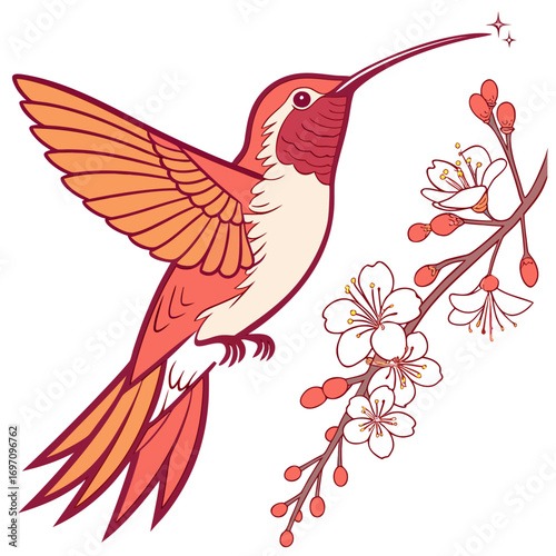 Hummingbird hovering near cherry blossoms